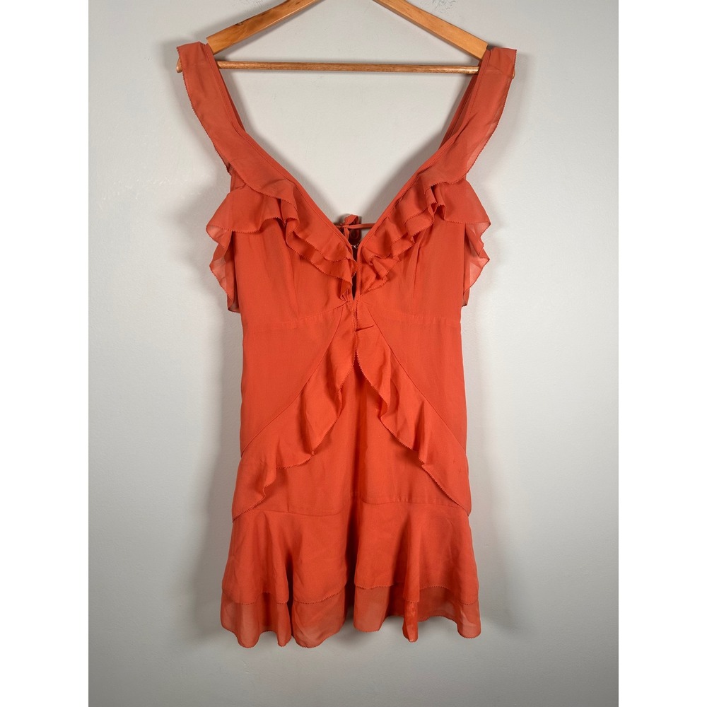 Storia Ruffle Mini Dress Womens Size S Orange V-Neck romantic date night SD1493B